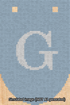 A simulated image of the stitched needlepoint design: Banner 13m Rounded G White on Light Blue. Not A.I. generated.