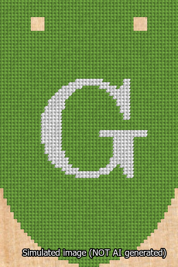 A simulated image of the stitched needlepoint design: Banner 13m Rounded G White on Light Green. Not A.I. generated.