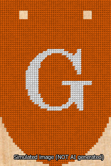 A simulated image of the stitched needlepoint design: Banner 13m Rounded G White on Orange. Not A.I. generated.