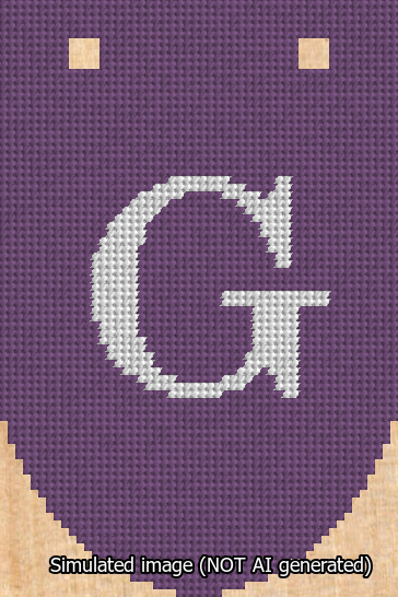 A simulated image of the stitched needlepoint design: Banner 13m Rounded G White on Purple. Not A.I. generated.