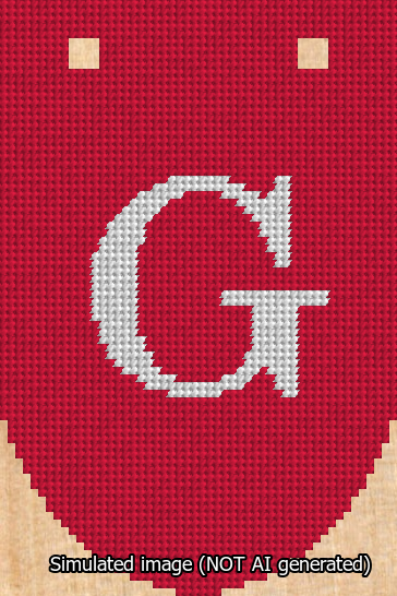 A simulated image of the stitched needlepoint design: Banner 13m Rounded G White on Red. Not A.I. generated.