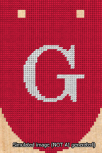 A simulated image of the stitched needlepoint design: Banner 13m Rounded G White on Red. Not A.I. generated.