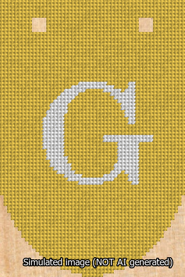A simulated image of the stitched needlepoint design: Banner 13m Rounded G White on Yellow. Not A.I. generated.
