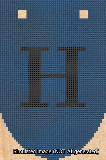 A simulated image of the stitched needlepoint design: Banner 13m Rounded H Black on Blue. Not A.I. generated.