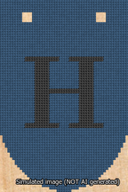 A simulated image of the stitched needlepoint design: Banner 13m Rounded H Black on Blue. Not A.I. generated.