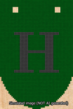 A simulated image of the stitched needlepoint design: Banner 13m Rounded H Black on Green. Not A.I. generated.