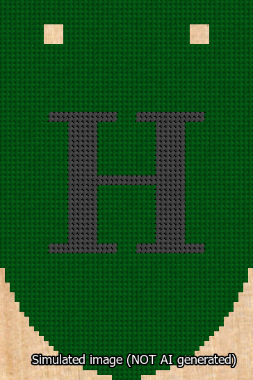 A simulated image of the stitched needlepoint design: Banner 13m Rounded H Black on Green. Not A.I. generated.
