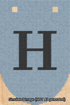 A simulated image of the stitched needlepoint design: Banner 13m Rounded H Black on Light Blue. Not A.I. generated.