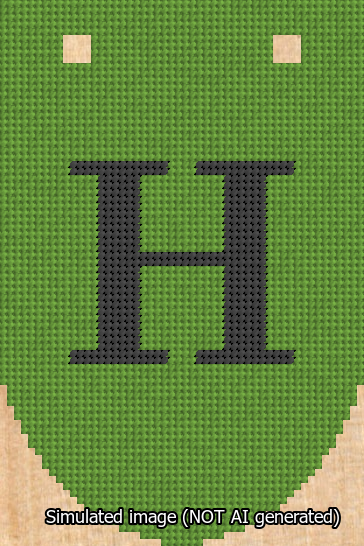 A simulated image of the stitched needlepoint design: Banner 13m Rounded H Black on Light Green. Not A.I. generated.