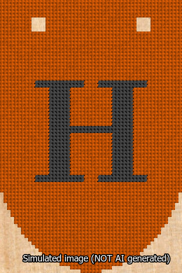 A simulated image of the stitched needlepoint design: Banner 13m Rounded H Black on Orange. Not A.I. generated.