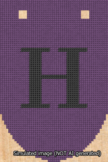 A simulated image of the stitched needlepoint design: Banner 13m Rounded H Black on Purple. Not A.I. generated.