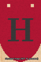 A simulated image of the stitched needlepoint design: Banner 13m Rounded H Black on Red. Not A.I. generated.