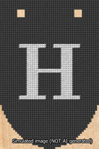 A simulated image of the stitched needlepoint design: Banner 13m Rounded H White on Black. Not A.I. generated.