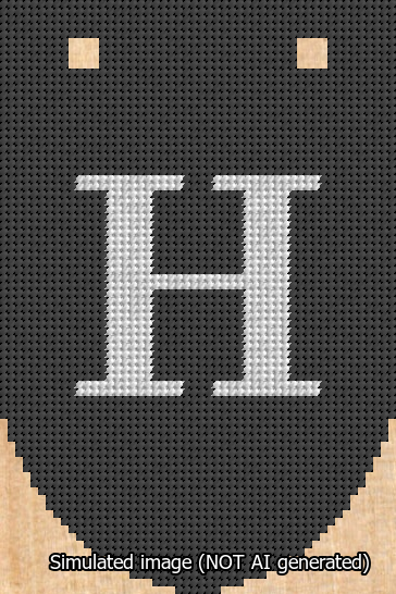 A simulated image of the stitched needlepoint design: Banner 13m Rounded H White on Black. Not A.I. generated.