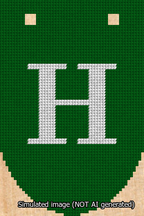 A simulated image of the stitched needlepoint design: Banner 13m Rounded H White on Green. Not A.I. generated.
