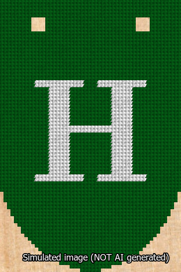 A simulated image of the stitched needlepoint design: Banner 13m Rounded H White on Green. Not A.I. generated.