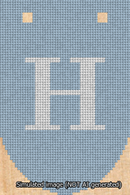 A simulated image of the stitched needlepoint design: Banner 13m Rounded H White on Light Blue. Not A.I. generated.