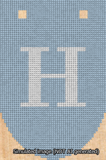 A simulated image of the stitched needlepoint design: Banner 13m Rounded H White on Light Blue. Not A.I. generated.
