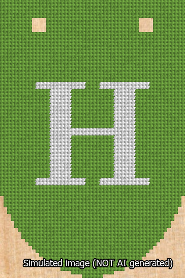 A simulated image of the stitched needlepoint design: Banner 13m Rounded H White on Light Green. Not A.I. generated.