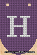 A simulated image of the stitched needlepoint design: Banner 13m Rounded H White on Purple. Not A.I. generated.