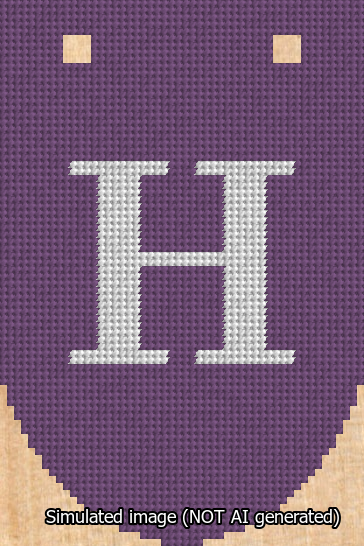 A simulated image of the stitched needlepoint design: Banner 13m Rounded H White on Purple. Not A.I. generated.