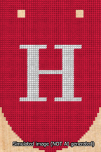 A simulated image of the stitched needlepoint design: Banner 13m Rounded H White on Red. Not A.I. generated.