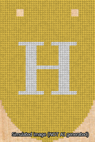 A simulated image of the stitched needlepoint design: Banner 13m Rounded H White on Yellow. Not A.I. generated.