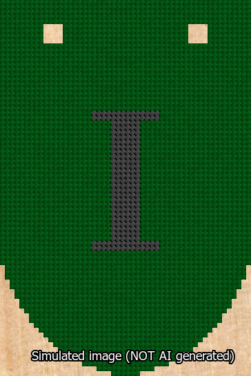 A simulated image of the stitched needlepoint design: Banner 13m Rounded I Black on Green. Not A.I. generated.