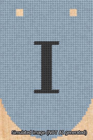 A simulated image of the stitched needlepoint design: Banner 13m Rounded I Black on Light Blue. Not A.I. generated.
