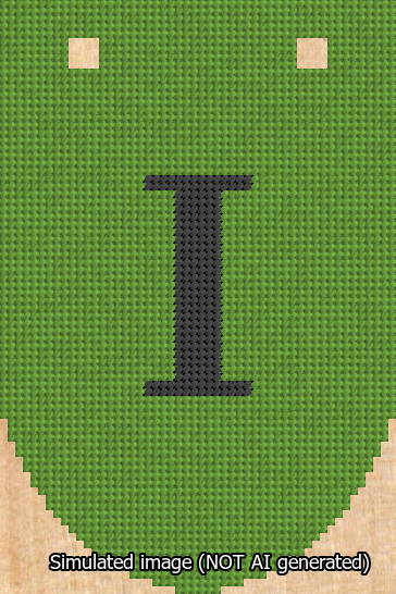 A simulated image of the stitched needlepoint design: Banner 13m Rounded I Black on Light Green. Not A.I. generated.