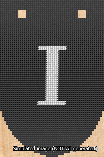 A simulated image of the stitched needlepoint design: Banner 13m Rounded I White on Black. Not A.I. generated.