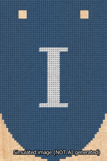 A simulated image of the stitched needlepoint design: Banner 13m Rounded I White on Blue. Not A.I. generated.