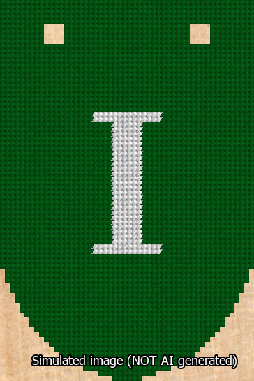 A simulated image of the stitched needlepoint design: Banner 13m Rounded I White on Green. Not A.I. generated.