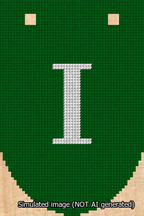 A simulated image of the stitched needlepoint design: Banner 13m Rounded I White on Green. Not A.I. generated.
