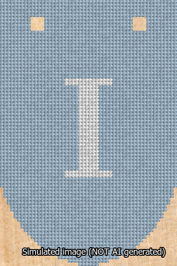 A simulated image of the stitched needlepoint design: Banner 13m Rounded I White on Light Blue. Not A.I. generated.