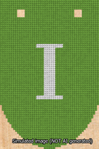 A simulated image of the stitched needlepoint design: Banner 13m Rounded I White on Light Green. Not A.I. generated.