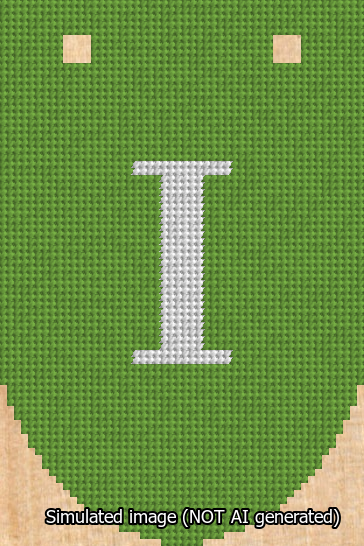 A simulated image of the stitched needlepoint design: Banner 13m Rounded I White on Light Green. Not A.I. generated.