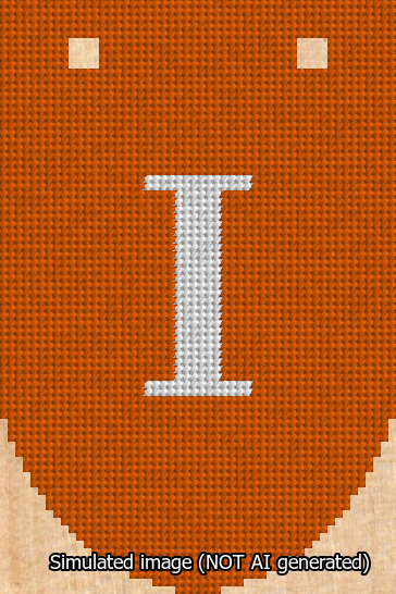 A simulated image of the stitched needlepoint design: Banner 13m Rounded I White on Orange. Not A.I. generated.