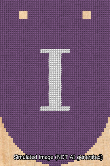 A simulated image of the stitched needlepoint design: Banner 13m Rounded I White on Purple. Not A.I. generated.