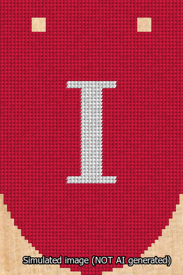 A simulated image of the stitched needlepoint design: Banner 13m Rounded I White on Red. Not A.I. generated.