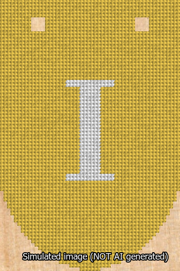 A simulated image of the stitched needlepoint design: Banner 13m Rounded I White on Yellow. Not A.I. generated.