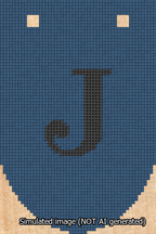 A simulated image of the stitched needlepoint design: Banner 13m Rounded J Black on Blue. Not A.I. generated.