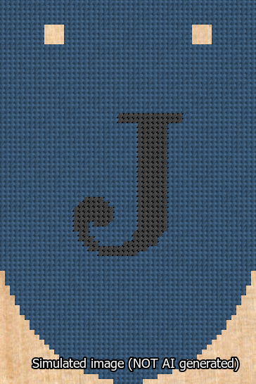 A simulated image of the stitched needlepoint design: Banner 13m Rounded J Black on Blue. Not A.I. generated.