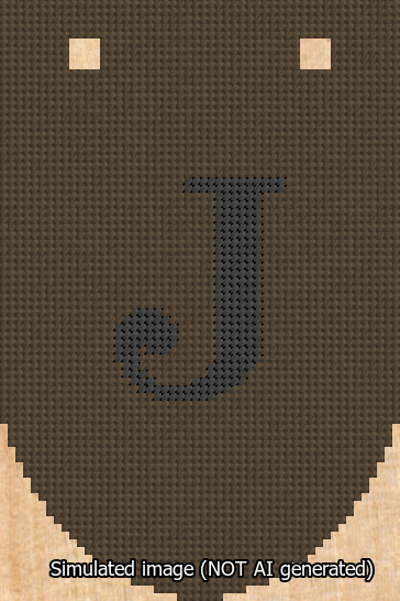 A simulated image of the stitched needlepoint design: Banner 13m Rounded J Black on Brown. Not A.I. generated.