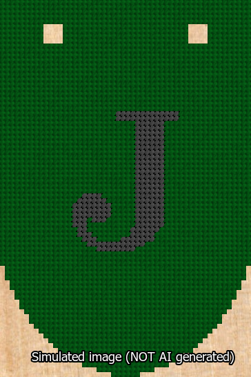 A simulated image of the stitched needlepoint design: Banner 13m Rounded J Black on Green. Not A.I. generated.