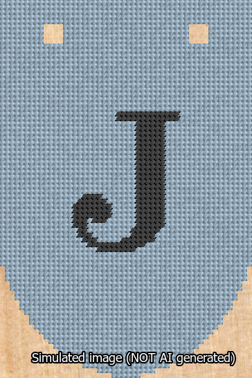 A simulated image of the stitched needlepoint design: Banner 13m Rounded J Black on Light Blue. Not A.I. generated.