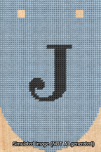 A simulated image of the stitched needlepoint design: Banner 13m Rounded J Black on Light Blue. Not A.I. generated.
