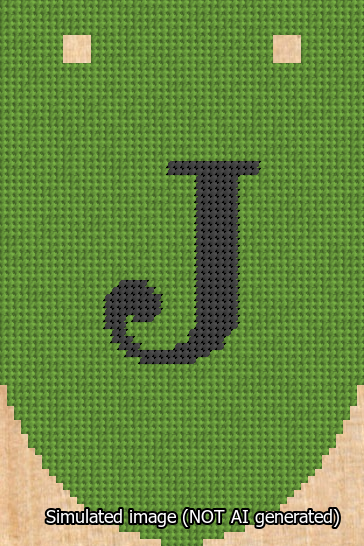 A simulated image of the stitched needlepoint design: Banner 13m Rounded J Black on Light Green. Not A.I. generated.