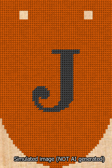 A simulated image of the stitched needlepoint design: Banner 13m Rounded J Black on Orange. Not A.I. generated.