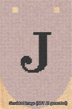 A simulated image of the stitched needlepoint design: Banner 13m Rounded J Black on Pink. Not A.I. generated.
